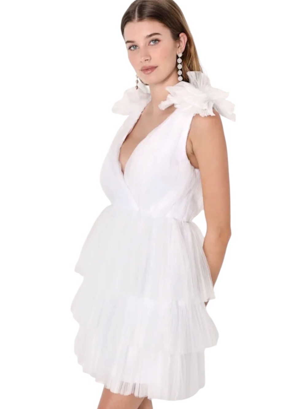 Sz L Lulus Dramatic Arrival White Tulle Tiered Surplice Mini Dress
